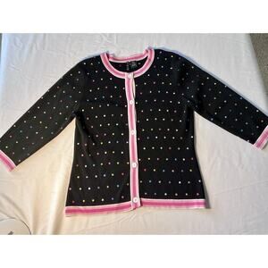 Vintage Polka Dot Knit Cardigan Sweater Pink Trim Size M